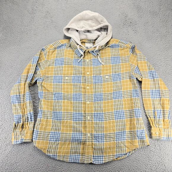 American Eagle Jacket Mens XL Yellow Hoodie Drawstring‎ Plaid Button Up - Picture 1 of 11